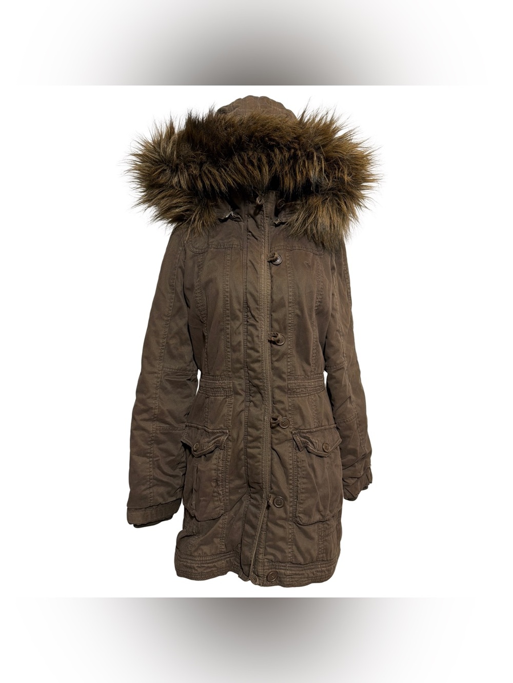 Abercrombie & Fitch • Y2K Faux Fur Lined Long Field Cargo Jacket Brown M